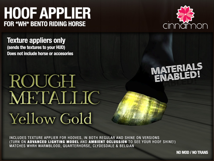 Second Life Marketplace *CINNAMON* Hoof applier Rough Metallic_YELLOW GOLD For *WH* Riding