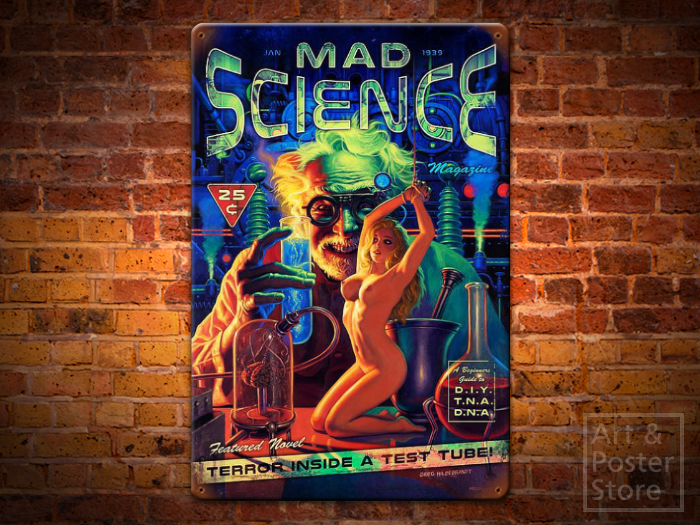 MAD SCIENCE Raunchy Pin Up Poster | Rusty Metal Style Wall Sign