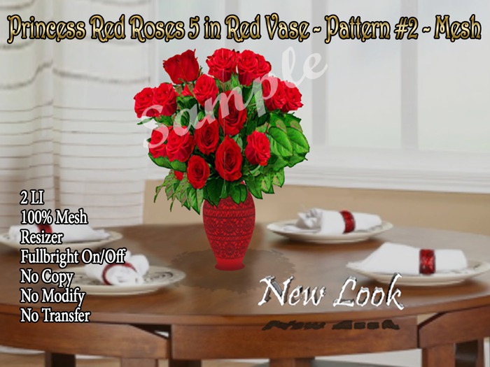 Princess Red Roses 5 in Red Vase - Pattern #2 - Mesh 2 LI