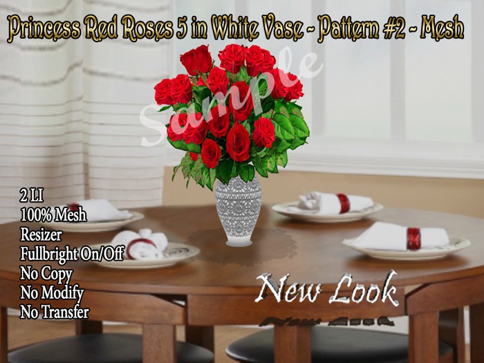 Princess Red Roses 5 in White Vase - Pattern Mesh #2 - Mesh 2 LI 