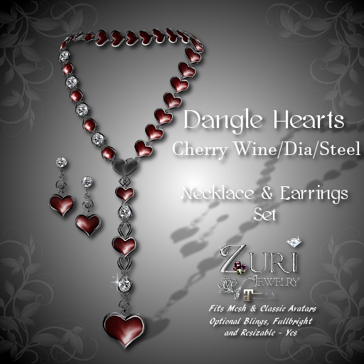 Zuri's Dangle Hearts Set - Cherry Wine/Diamond/Steel Necklace & Earrings