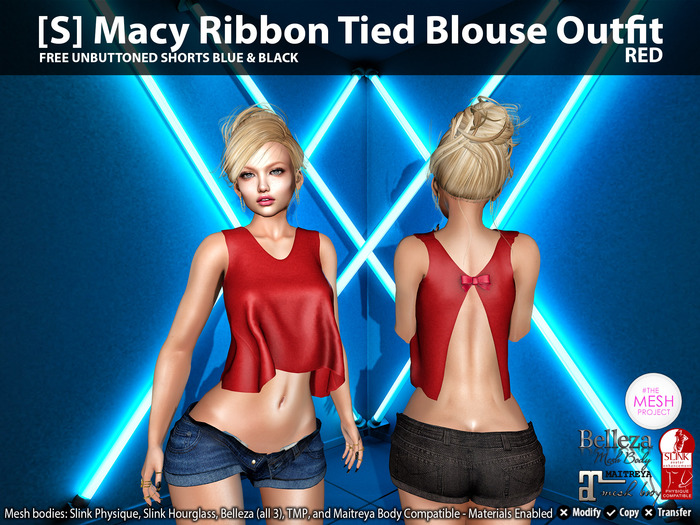 [S] Macy Ribbon Tied Blouse Outfit Red