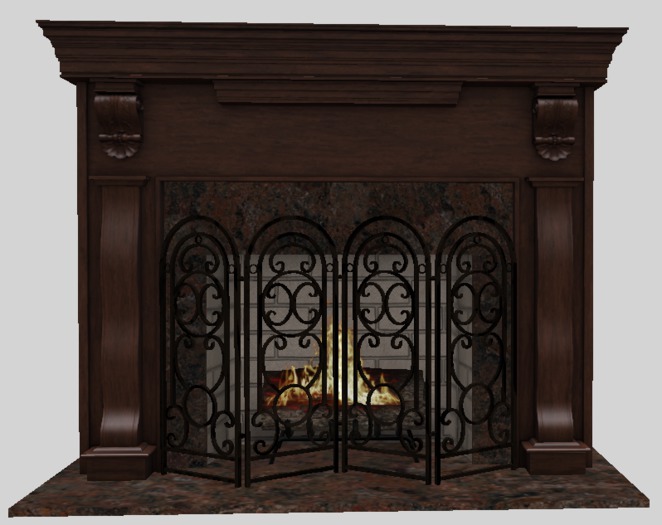 Wood and Red Granite Fireplace