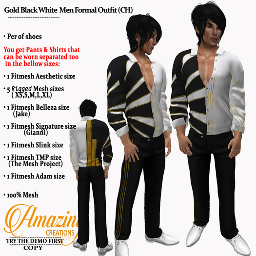 Second Life Marketplace - AmAzINg CrEaTiOnS Gold Black White Men Formal  Outfit (CH) Promo price!