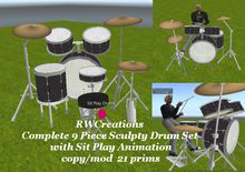 Complete 9 Piece Sculpty Drum Set w Sticks & Play Drums AnimBX