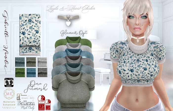 ♥♥.::GH::.♥♥ Layla Sweater Blue Flowers & Heart Choker