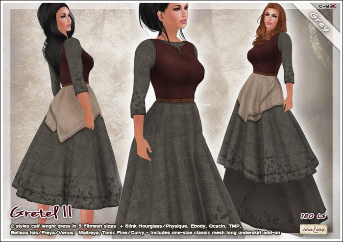 [V/W] Gretel II Grey - Medieval Fantasy Peasant dress, fitmesh + Slink, Belleza, TMP, Tonic, Ocacin...