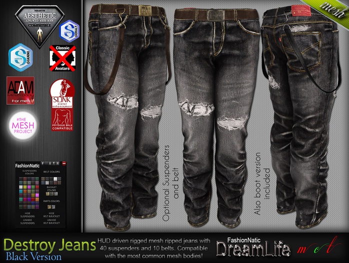 Destroy Male Black Denim Ripped Jeans Pants - Mesh - TMP, Adam,Slink,Aesthetic,Signature Gianni -Geralt,Belleza Jake
