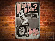 WANNA RIDE ? BETTIE PAGE Retro Sexy Pin Up Metal Sign Wall Plaque
