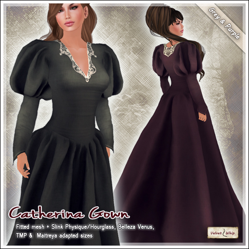[V/W] Catherina Gown Grey & Purple - Medieval Fantasy dress in fitted mesh + Slink, Belleza, TMP