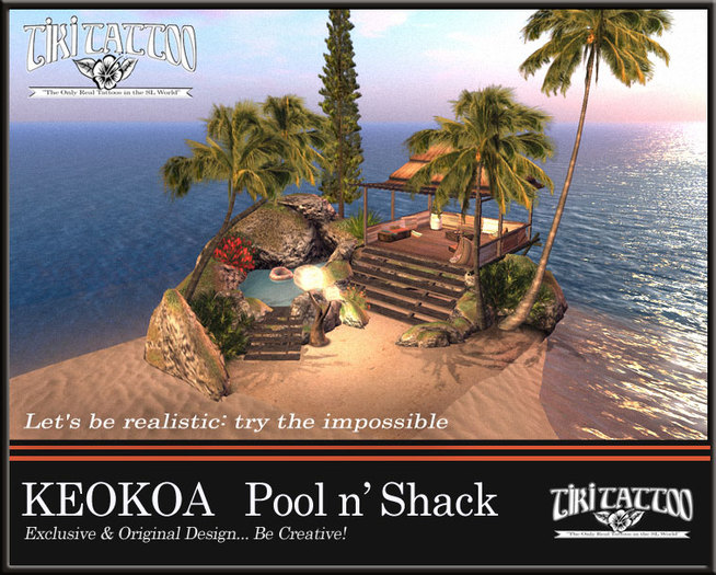 Tiki Tattoo -KEOKOA- Pool And shack over the reef with palm tree, plant, inner tube, sofa, tea, etc.
