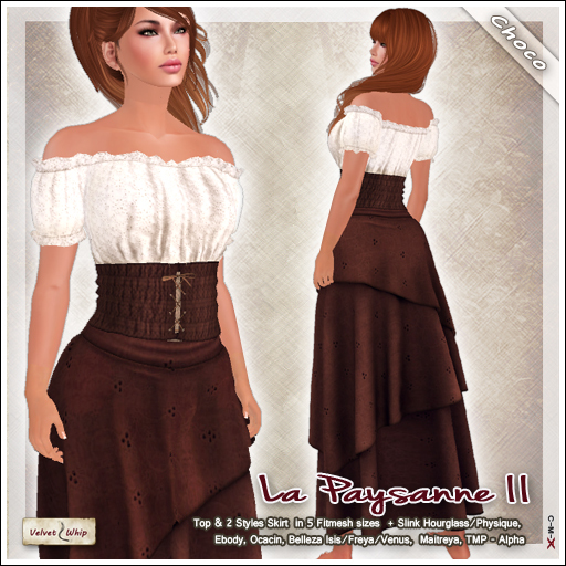 [V/W] Paysanne II Choco - Medieval fantasy peasant dress w/ separate top & layered skirt, Fitmesh + Mesh avatars models