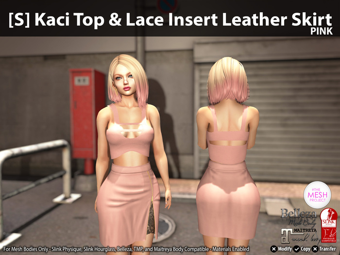 [S] Kaci Top & Lace Insert Leather Skirt Pink