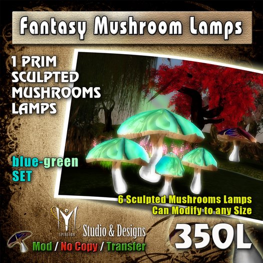 Fantasy Mushrooms Lamps - Light Blue-Green Set