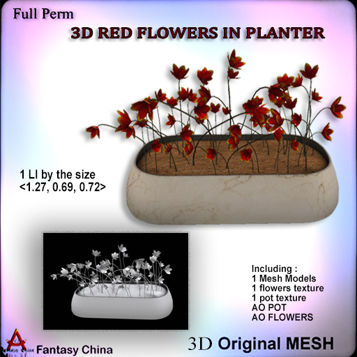 FC- Full Perm 3D Red Flowers In Planter 