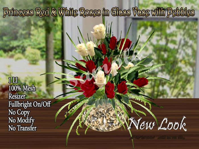 Princess Red and White Roses in Glass Vase with Pebbles -1LI b