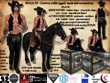 Hold Up Cowboy black outfit mesh rigged, wearable horse, rigged hair with hat, gun, chaps, bank safe