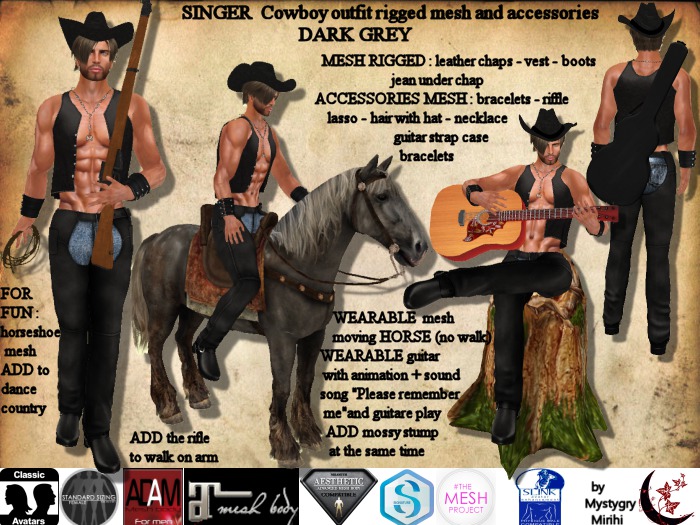 Singer Cowboy dark grey outfit mesh rigged, wearable horse, hair with hat, guitar animated playing sound with song