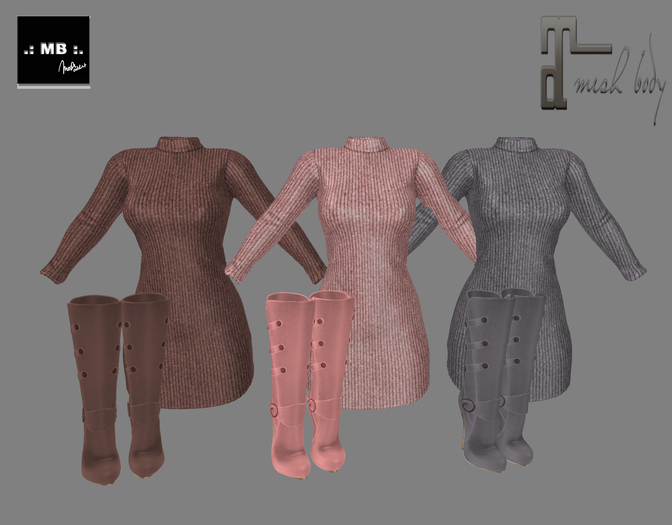 .: MB :. 3x Knit Dress + Boots [Grey Salmon Brown] ~ Maitreya