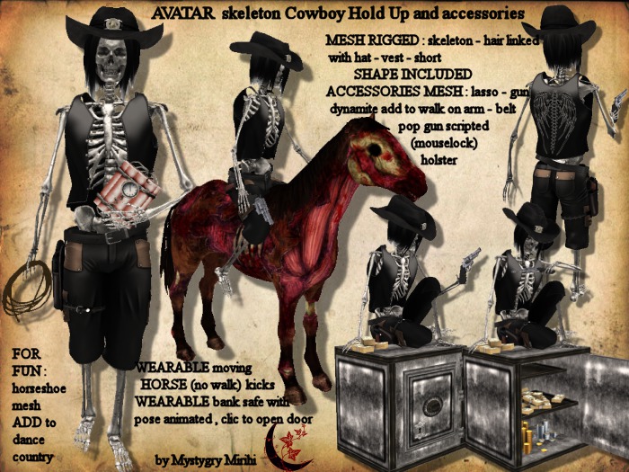 Avatar mesh rigged skeleton cowboy hold up, mesh rigged outfit and hair with hat, wearable horse dead and safe bank