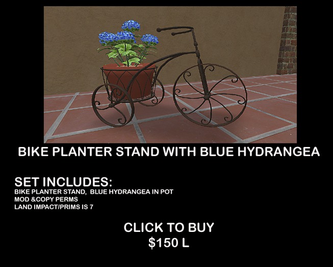 Pretty Bike Planter Stand With Blue Hydrangea
