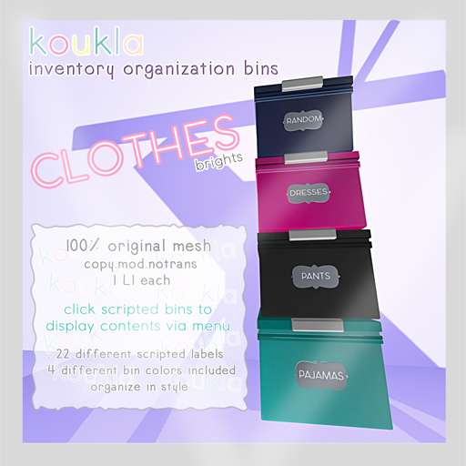 koukla . inventory organization bins . clothes . bright