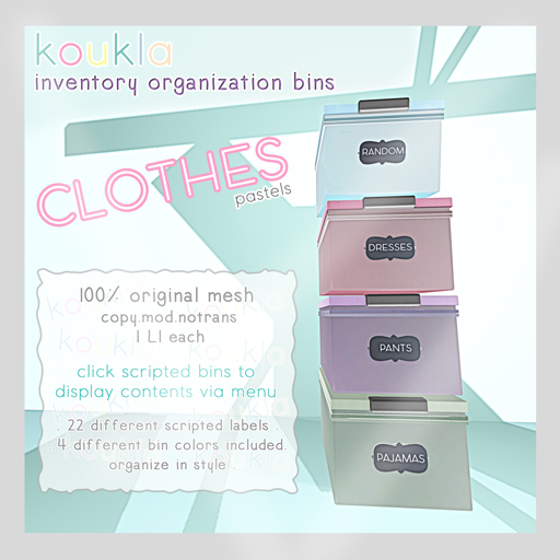 koukla . inventory organization bins . clothes .pastel
