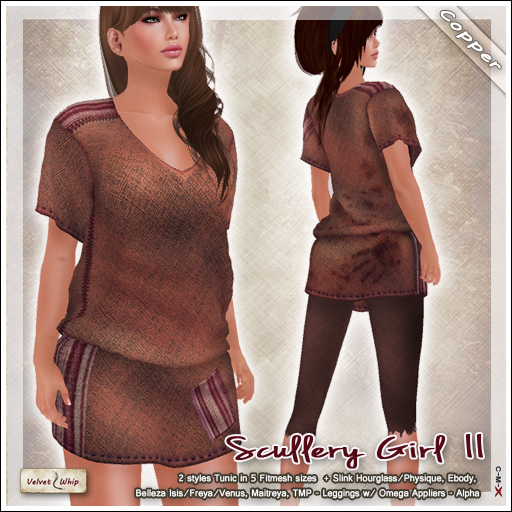 [V/W] Scullery Girl II Copper - Medieval fantasy tunic (Fitmesh + Slink, TMP, Belleza...) & ruined leggings w/ Omega app