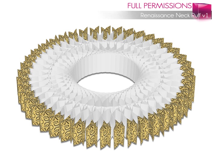 Full Perm Non-rigged Mesh Male Female Gold Detailed Renaissance Victorian White Neck Ruff Collar for All Avatars