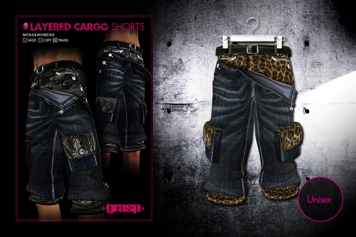 +grasp+/Layered cargo shorts/Blue+leopard