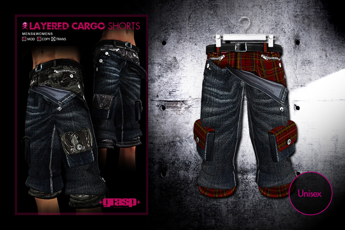 +grasp+/Layered cargo shorts/Blue+cheked-red