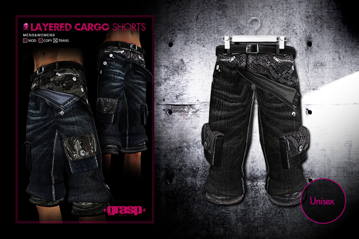 +grasp+/Layered cargo shorts/Black+snake