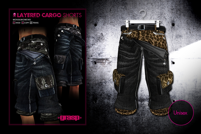 +grasp+/Layered cargo shorts/Black+leopard