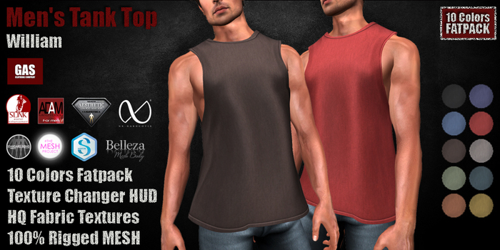 GAS [Men's Tank Top William - 10 Colors w/HUD FATPACK] Demo
