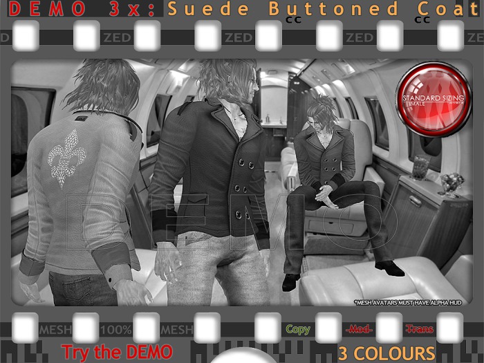 DEMO - ZED Rigged MESH Suede Buttoned Coat with Rhinestone Fleur de Lis