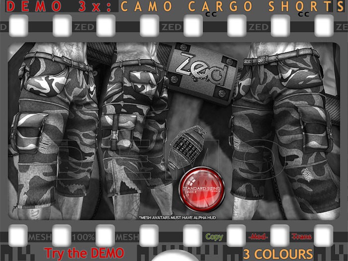 DEMO - ZED Camo Rigged MESH Cargo Shorts with Rigged MESH Belt