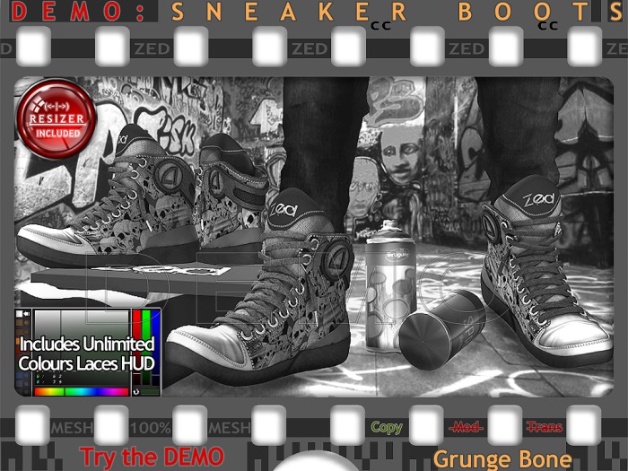 DEMO - ZED MESH Grunge Bones Boots (Non-Rigged & Resizable/Stretchable + Remote) + Bonus Mesh Sock Tops