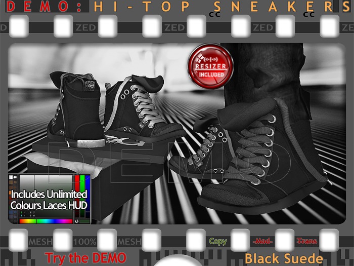 DEMO - ZED MESH Black Suede Hi-Tops (Non-Rigged & Resizable/Stretchable + Remote) + Bonus Mesh Sock Tops