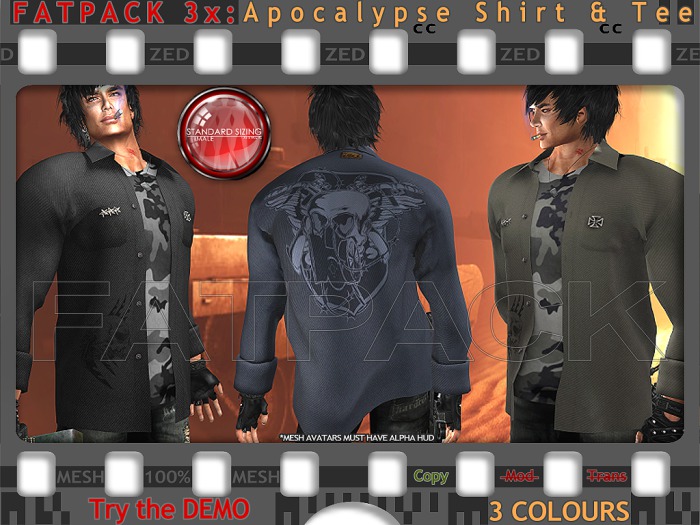 FATPACK - ZED 3x Apocalypse Shirt+T in Rigged Mesh + Bonus Mesh DogTags