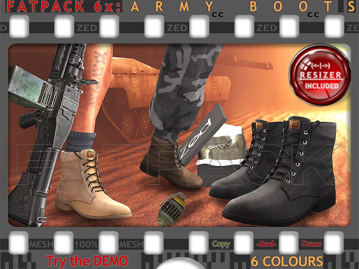 FATPACK - ZED 6x Army Boots (Non-Rigged & Resizable/Stretchable+Remote)+Bonus Mesh Sock Tops