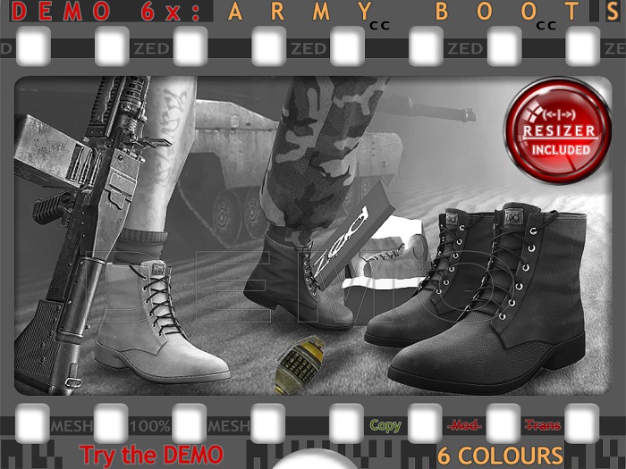 DEMO - ZED Mens MESH Army Boots (Non-Rigged & Resizable/Stretchable + Remote) + Bonus Mesh Sock Tops