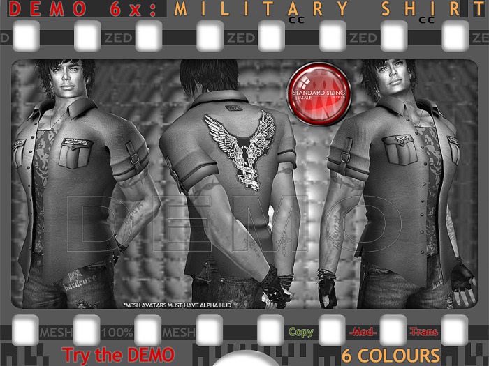 DEMO - ZED MESH Military Shirt with Embroided Loaded & Ready Patch. Rigged Mesh with Bonus DogTags