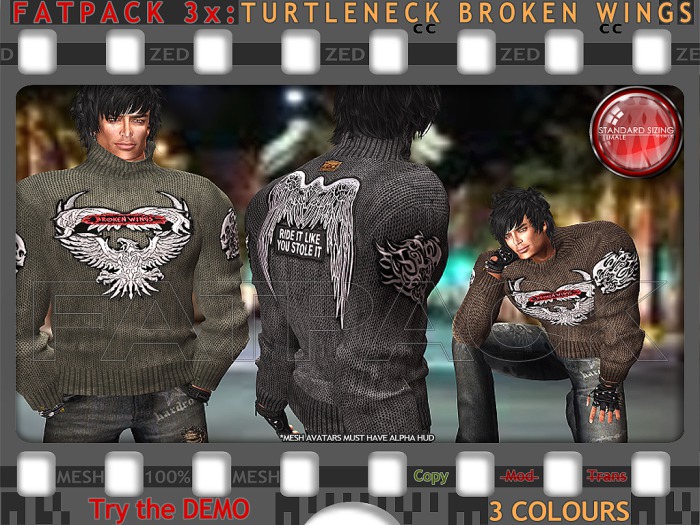 FATPACK - ZED 3x MESH Turtle Neck Sweater in Broken Wings Design with Embroided Patches