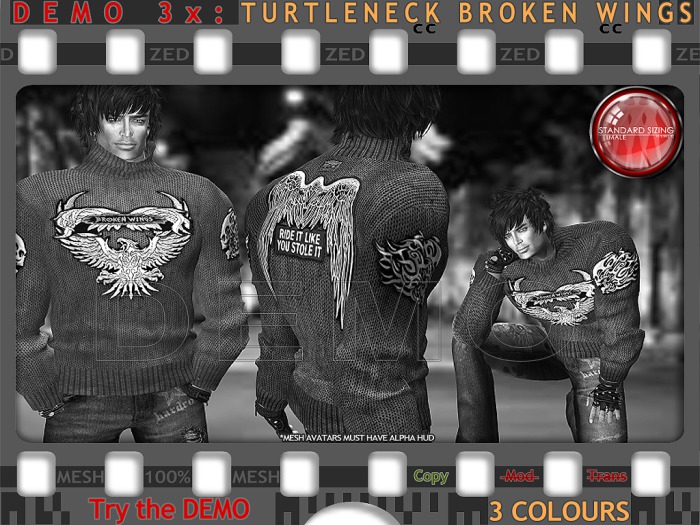 DEMO - ZED Mens Rigged Mesh Turtle Neck Sweater in Broken Wings Design with Embroided Patches