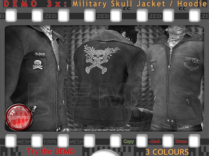 DEMO - ZED Mens Leather Military Skull Jacket & Khaki Hoodie in Rigged Mesh