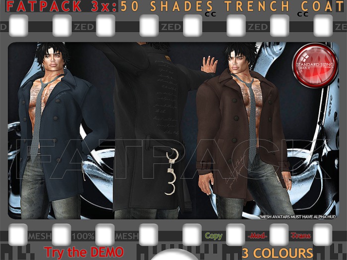 FATPACK - ZED 3x 50 Shades Trench Coat & Tie in Mesh. Includes Resizeable Mesh Handcuffs