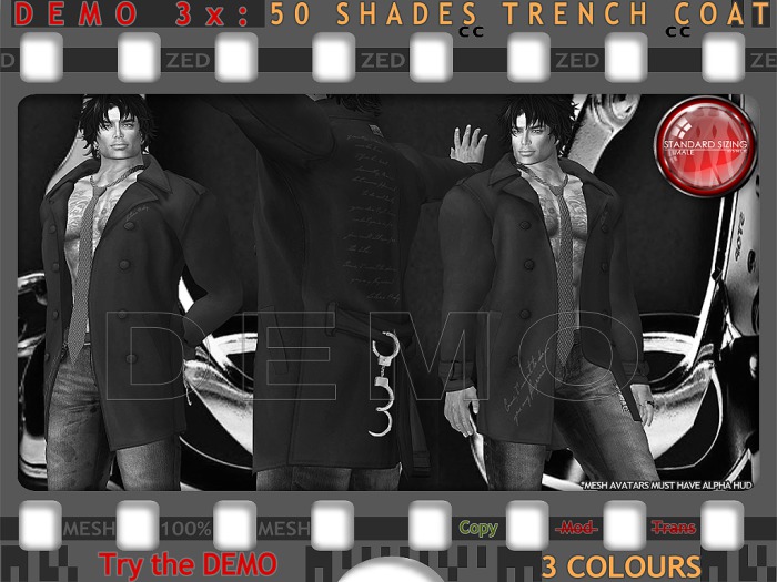 DEMO - ZED Mens 50 Shades Trench Coat & Tie in Rigged Mesh. Includes Resizeable Mesh Handcuffs
