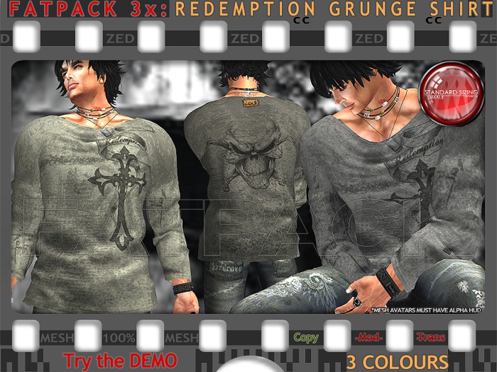 FATPACK - ZED 3x Grunge Shirt in Rigged Mesh - Redemption Style + Bonus Mesh DogTags