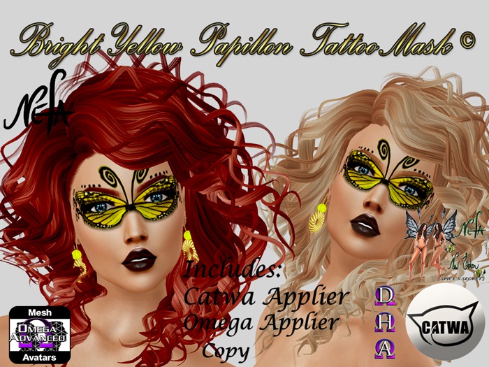 NEFA 159 Bright Yellow Papillon Tattoo Mask © - Catwa & Omega Hud 