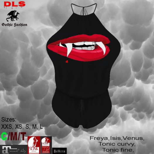Vampire teeth bare back romper black boxed